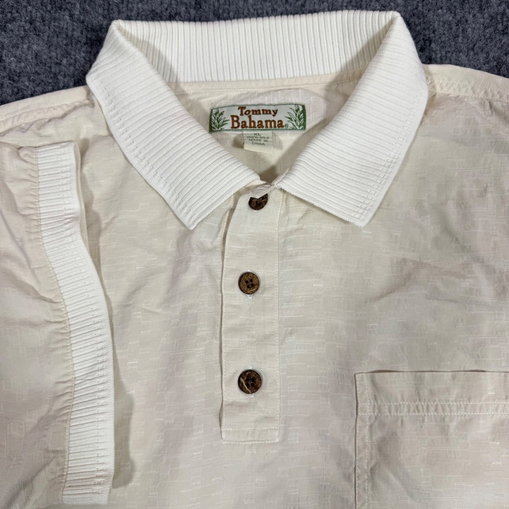 Tommy Bahama Silk Polo Textured Short Sleeve Mens XL Beige 100% Silk GUC
